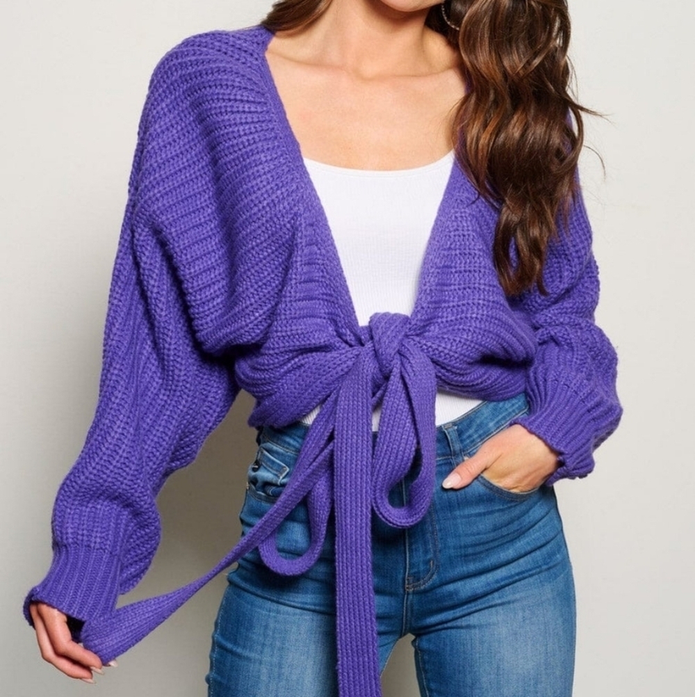 Long‎ Sleeve Tie Front Knit Cropped Sweater Cardigan Purple New